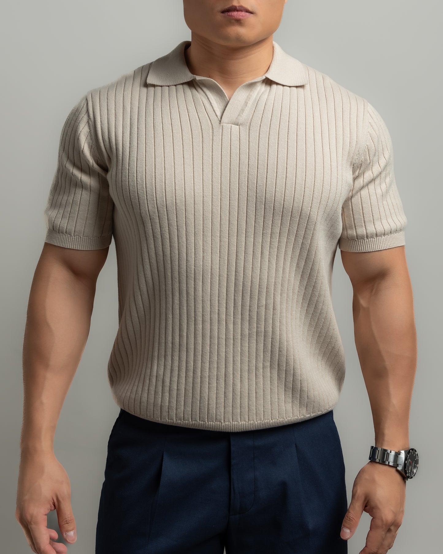 Knitted Striped Polo Tee (Sandstone Beige)